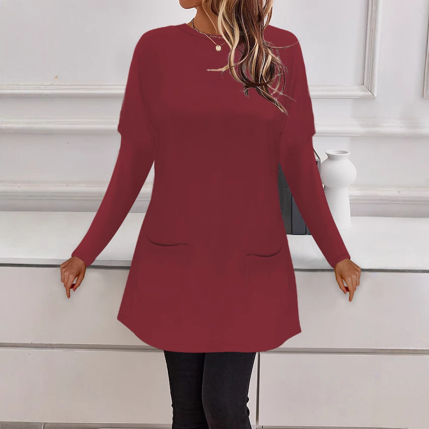 Women's Longline Fine Knit Tunic with Round Neckline and Patch Pockets Mune Fashion