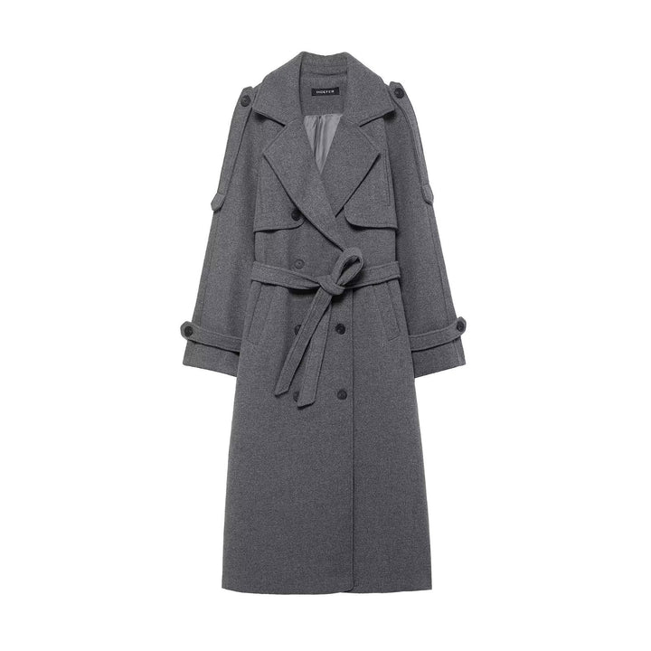 Women's long double-breasted wool coat with belted waist and shoulder flaps Mune Fashion