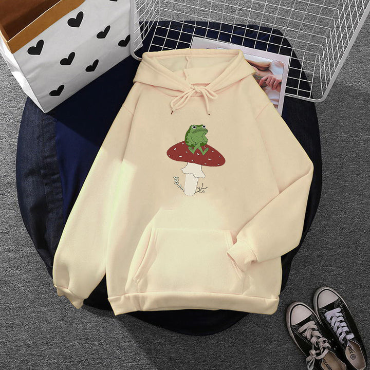 Women's oversized hoodie with kangaroo pocket and frog mushroom print Mune Fashion