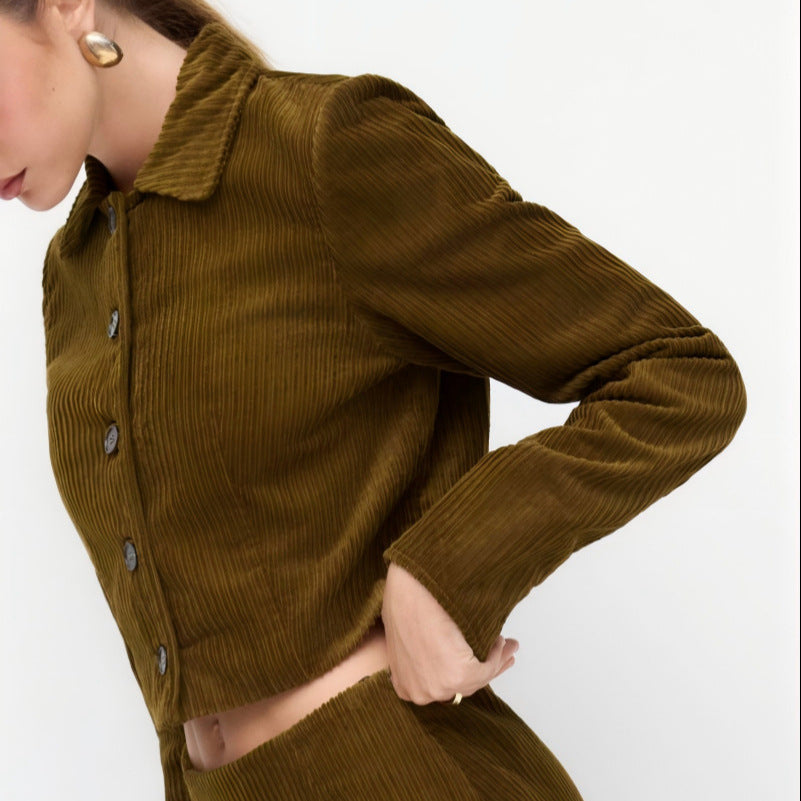 Women's Pleated Short Jacket with Shirt Collar and Turned-up Cuffs Drune