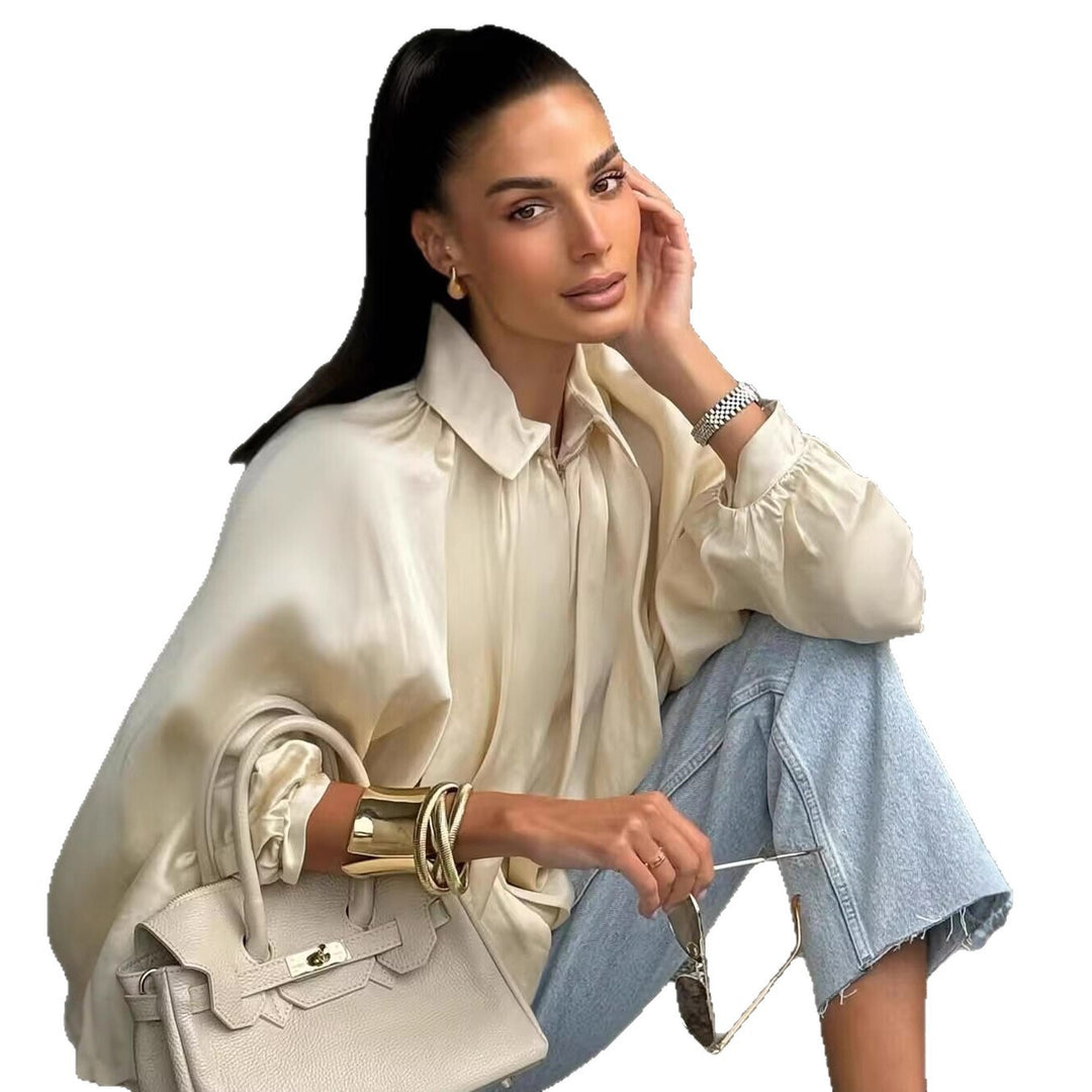 Women's wide pleated cape blouse with standing collar and concealed zipper Mune Fashion