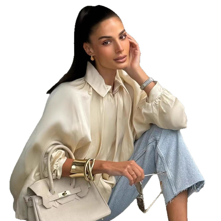 Women's wide pleated cape blouse with standing collar and concealed zipper Mune Fashion