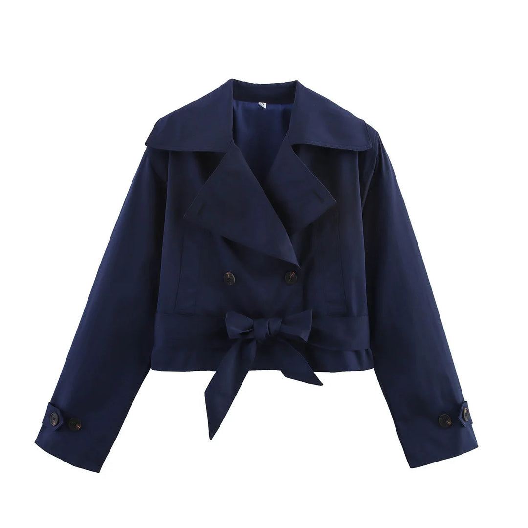 Ladies short waist trench coat with double-breasted button placket, wide shawl collar, and figure-flattering tie belt Mune Fashion