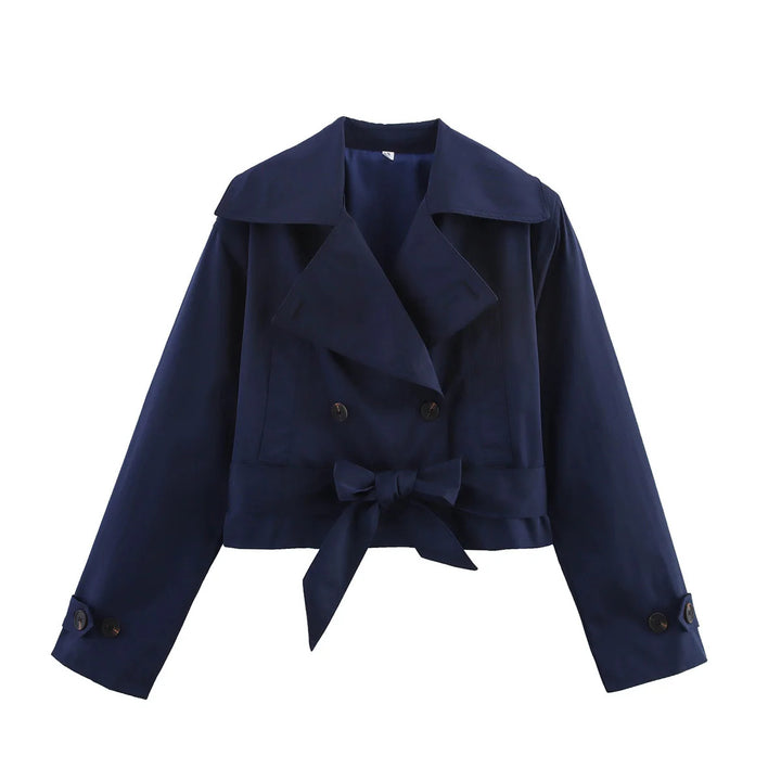Ladies short waist trench coat with double-breasted button placket, wide shawl collar, and figure-flattering tie belt Mune Fashion