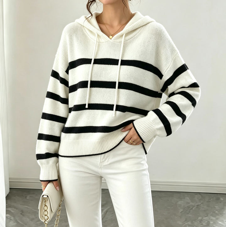 Women's hooded knit sweater in maritime look with ribbed hem and relaxed fit Mune Fashion