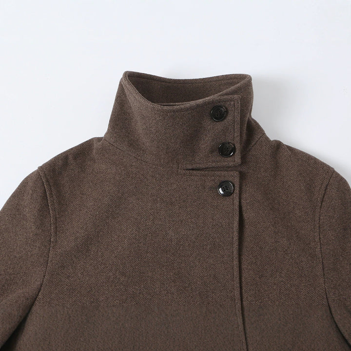Women's wool coat with stand-up collar, tie belt and asymmetric button placket Mune Fashion