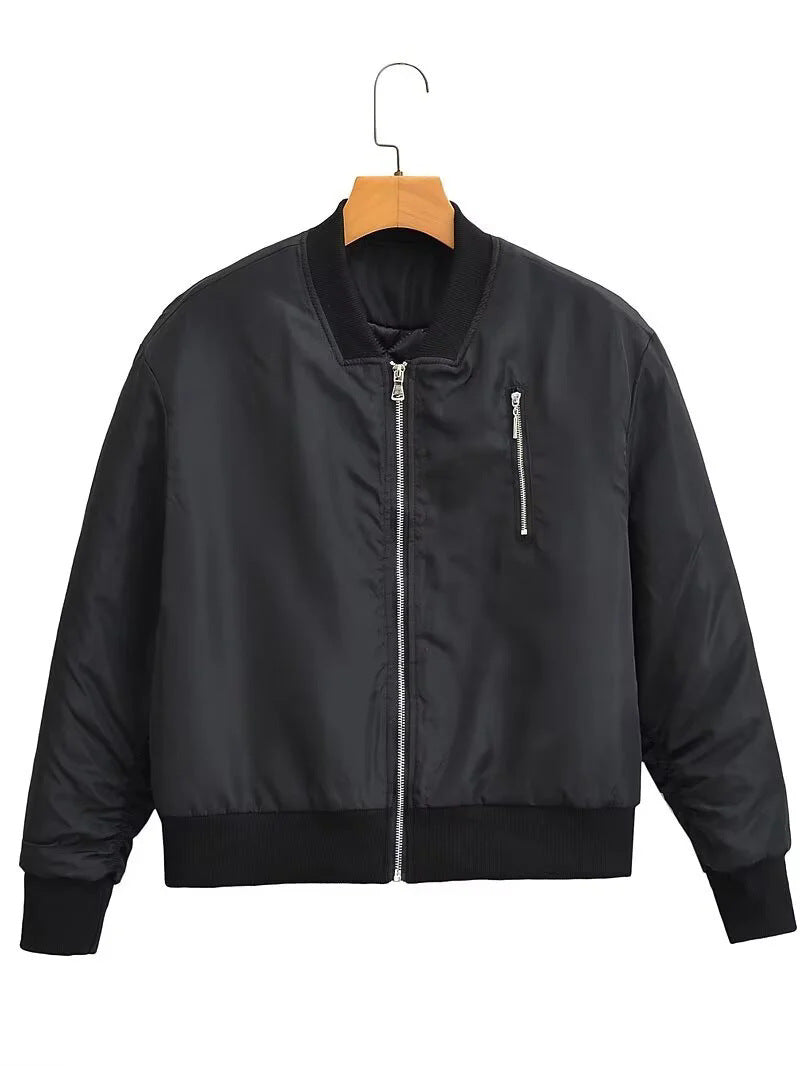 Women nan windproof satin bomber jacket with chest zipper, ribbed cuffs and light thermal lining Mune Fashion