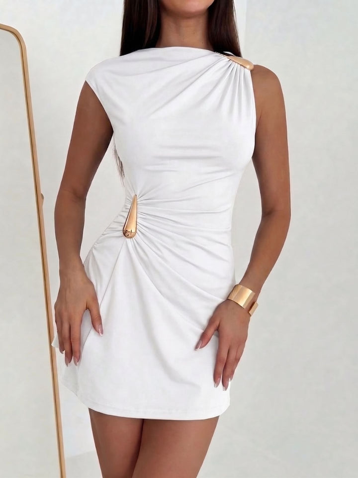 Women's asymmetrical fitted mini dress with one-sided shoulder detail and metallic decorative fittings Mune Fashion