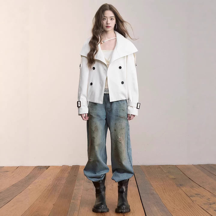 Women Oversized Double-Breasted Trench Bomber Jacket with High Stand-Up Collar Mune Fashion