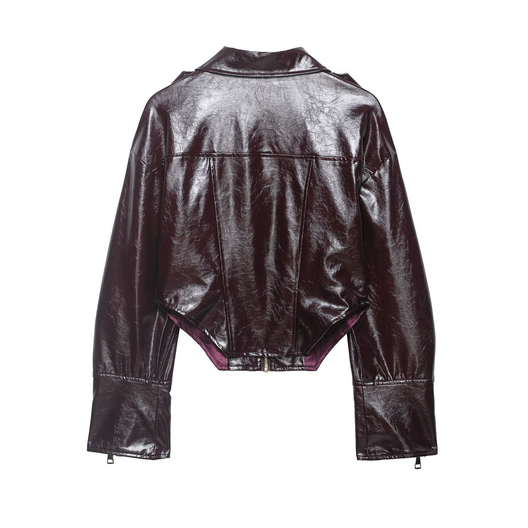 Women's Cropped Patent Leather Look Biker Jacket with Oversized Sleeves, Epaulettes and Continuous Front Zip Mune Fashion