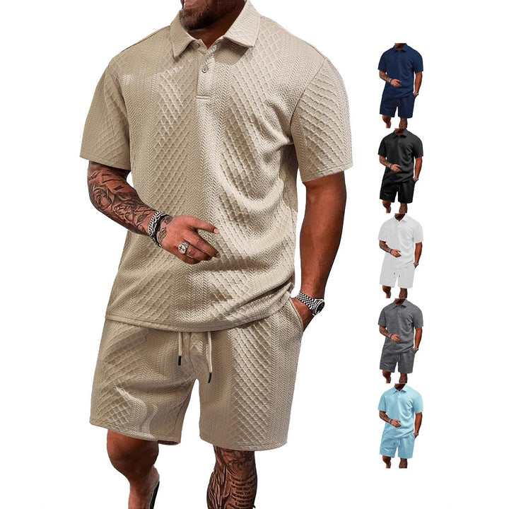 Men's embossed waffle polo with Kent collar and elastic drawstring shorts set Mune Fashion