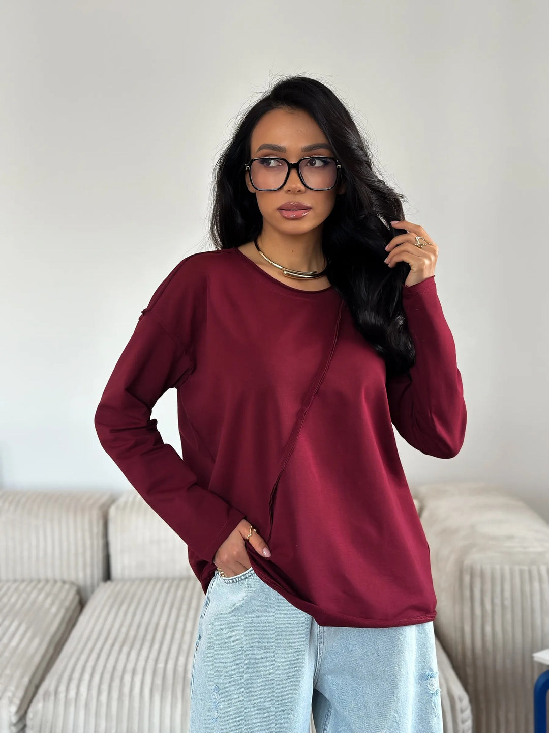 Women Oversized Longsleeve with diagonal seam and drop shoulders Mune Fashion