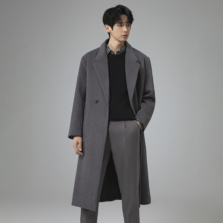 Men's Elegant Long Wool Blend Coat with Downfall Shawl Collar and Clean Single Breasted Mune Fashion