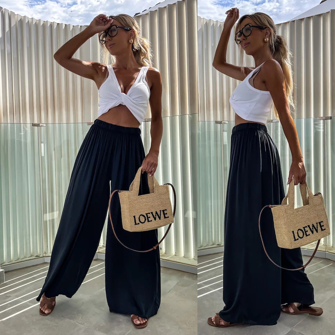 Women wide-cut Palazzo pants with high elastic waistband and flowing jersey Mune Fashion