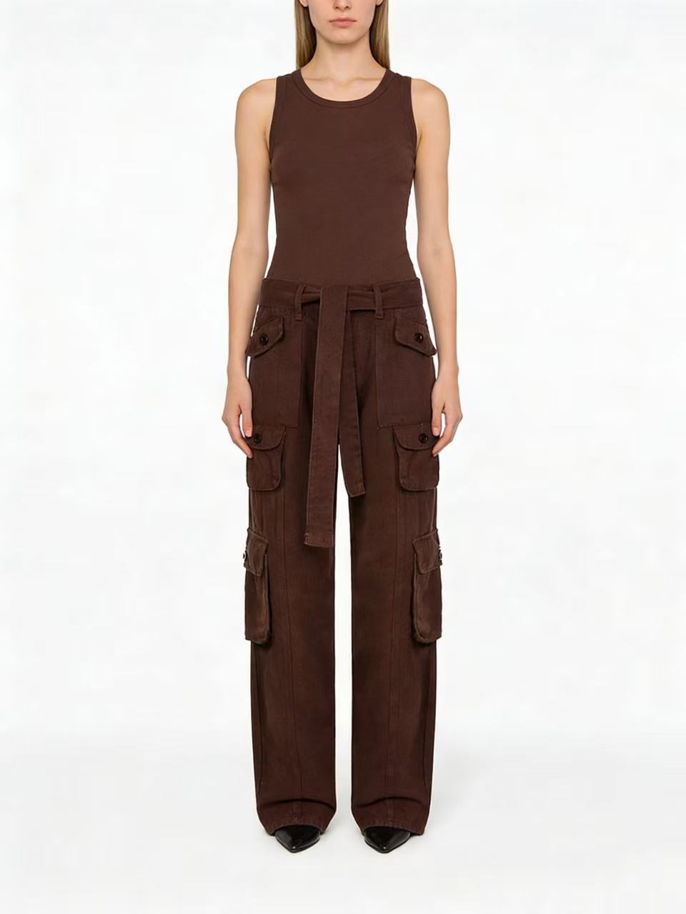 Women's loose cargo trousers with high waist, tie belt and multiple flap pockets Mune Fashion