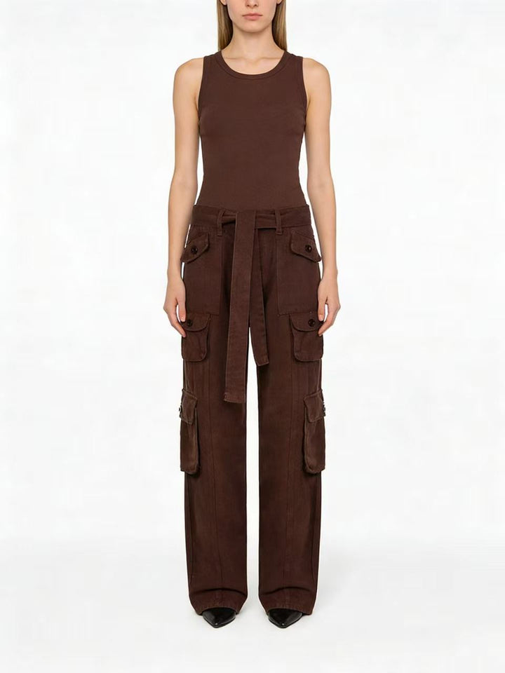 Women's loose cargo trousers with high waist, tie belt and multiple flap pockets Mune Fashion