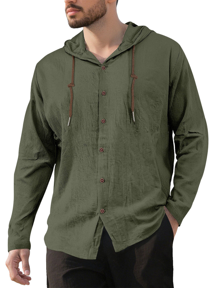 Men's textured linen blend hooded shirt with button placket, wood buttons, and side slits Mune Fashion