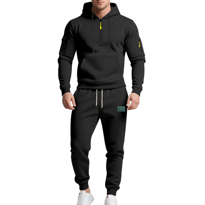 Men's half-zip hoodie and tapered jogger set with kangaroo pocket, zipper details, and elastic drawstring waistband Mune Fashion