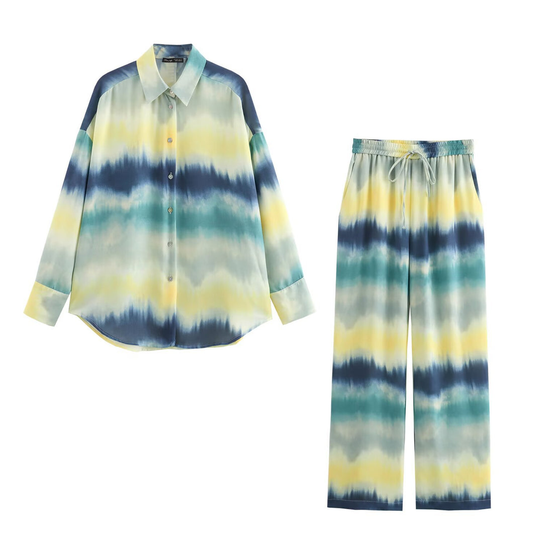 Women's Wide Palazzo Lounge Pants with Elastic Waistband, Drawstring and Watercolor Print Mune Fashion