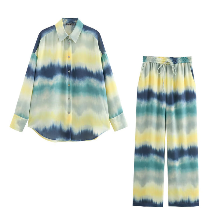 Women's Wide Palazzo Lounge Pants with Elastic Waistband, Drawstring and Watercolor Print Mune Fashion
