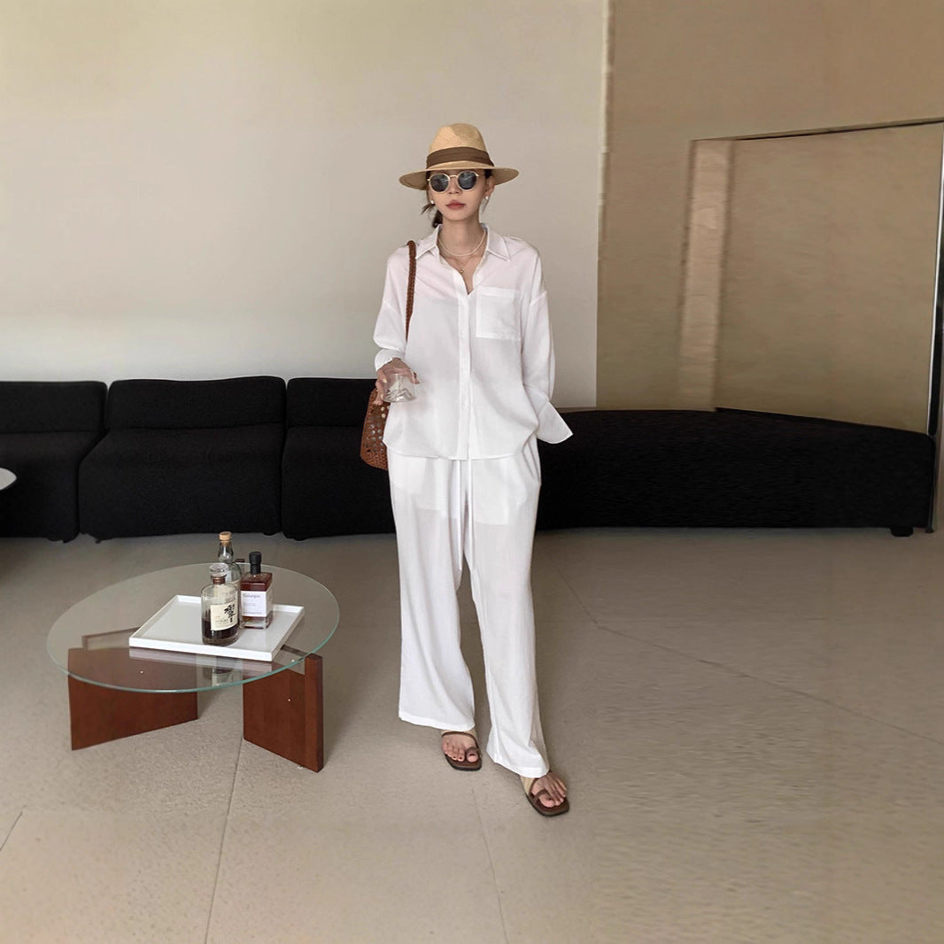 Women's Two-Piece Lightweight Loungewear Set with Oversized Shirt and Loose Drawstring Pants Mune Fashion