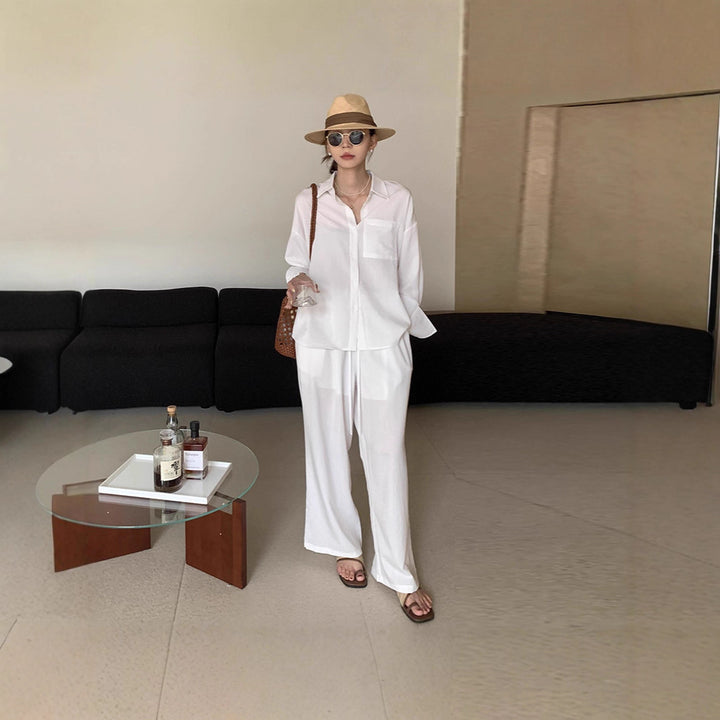 Women's Two-Piece Lightweight Loungewear Set with Oversized Shirt and Loose Drawstring Pants Mune Fashion
