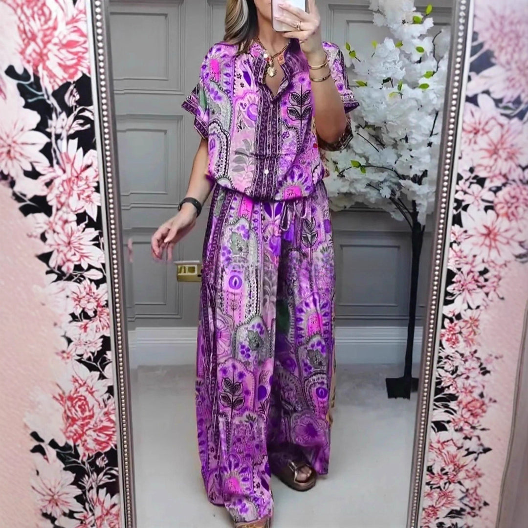 Women's Boho two-piece made of lightweight viscose with short-sleeve blouse, button placket, drawstring waistband, and wide palazzo pants Mune Fashion