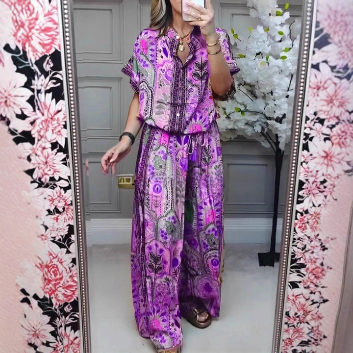 Women's Boho two-piece made of lightweight viscose with short-sleeve blouse, button placket, drawstring waistband, and wide palazzo pants Mune Fashion