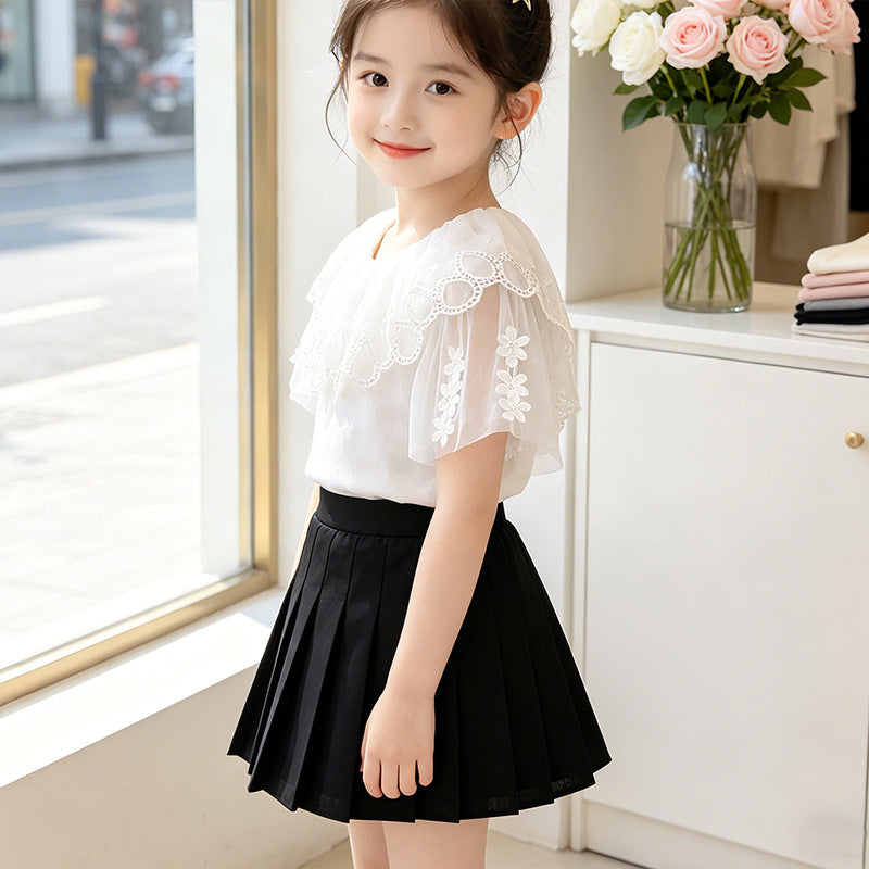 Girls T-Shirt with elegant tulle collar and floral detail Mune Fashion