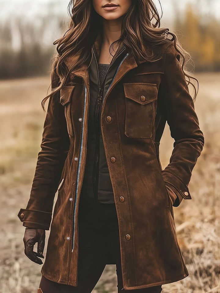 Women's long jacket made of suede leather with utility pockets and concealed zipper Mune Fashion