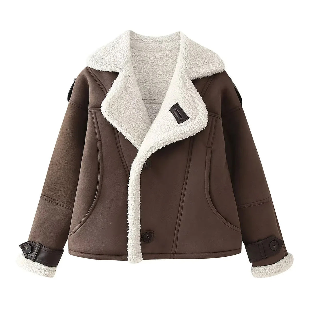 Women's short aviator jacket in aviator look with teddy lining, large shawl collar and adjustable cuffs Mune Fashion