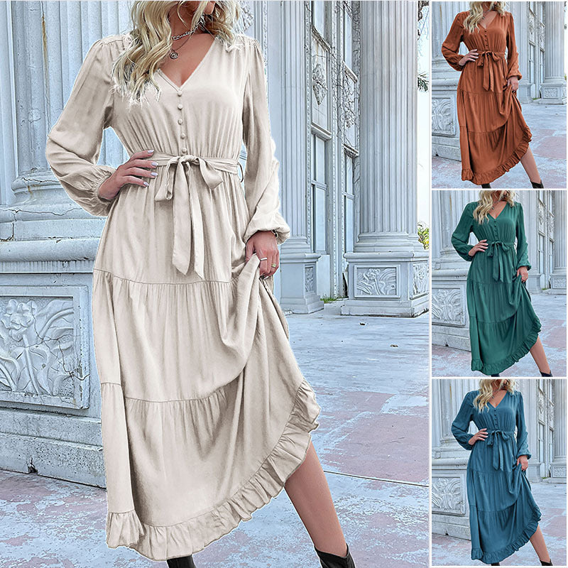 Women's Long Satin Look Tiered Dress with V-Neck, Tied Belt and Ruffle Hem