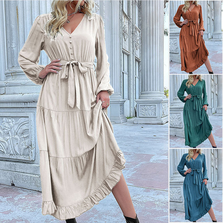 Women's Long Satin Look Tiered Dress with V-Neck, Tied Belt and Ruffle Hem