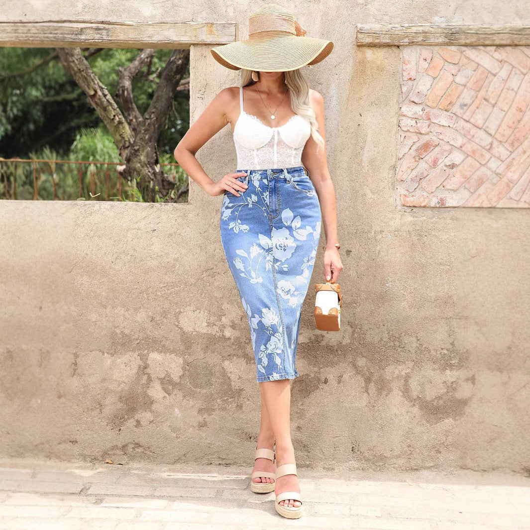 Women's high-waisted floral denim pencil skirt (Midi) Mune Fashion
