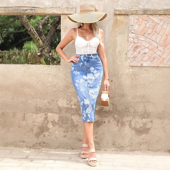 Women's high-waisted floral denim pencil skirt (Midi) Mune Fashion