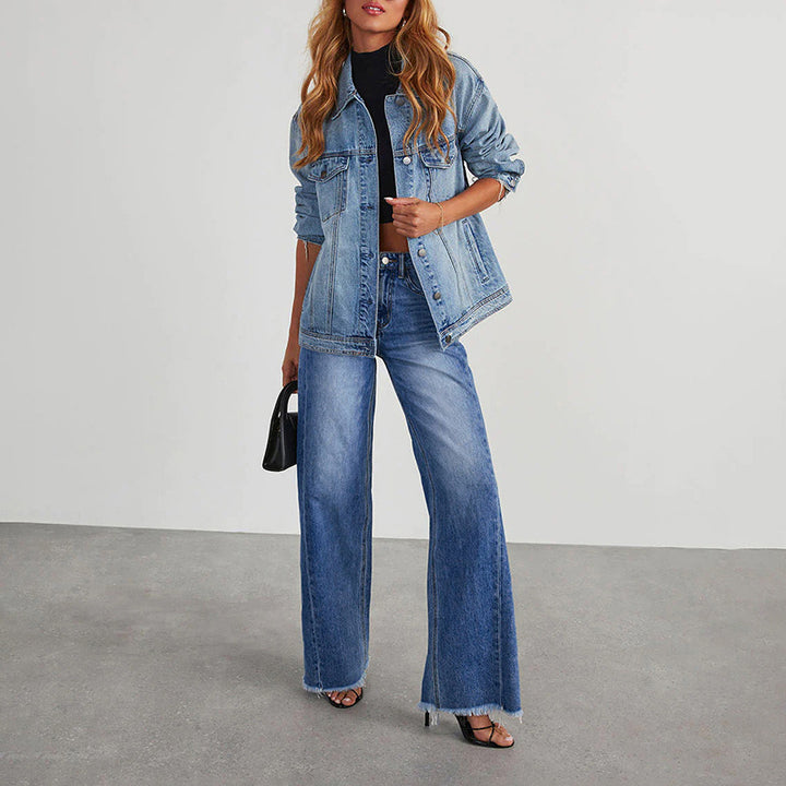 Women High-Waist Flared Jeans with Wide Leg and Frayed Hem Mune Fashion