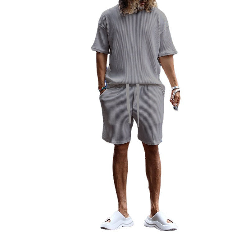 Men's casual waffle jersey set with loose top and drawstring shorts Mune Fashion