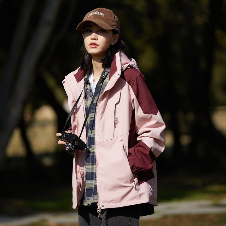 Women two-layer water-repellent outdoor jacket with hood, waist adjustment and contrast piping Mune Fashion