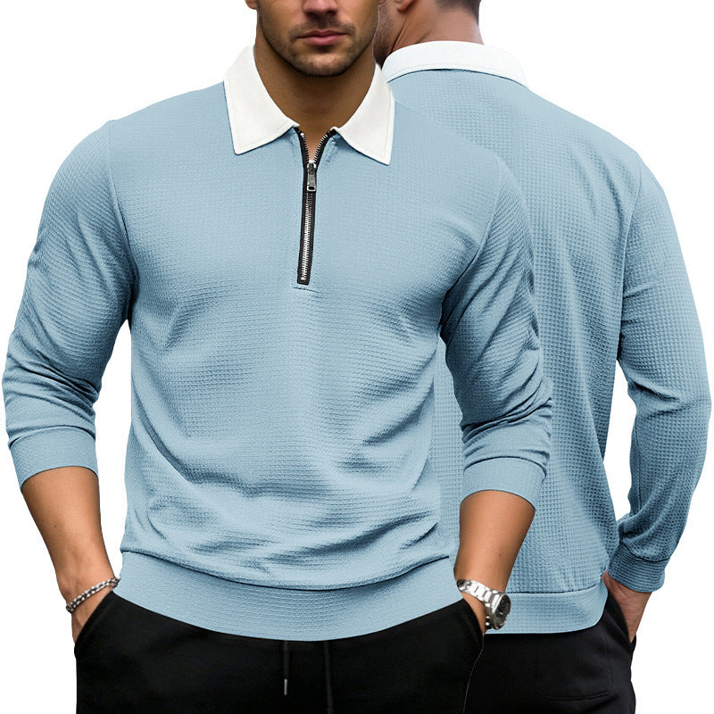 Men's Elegant Waffle Structure Polo Shirt with Half Zip and Contrast Collar Mune Fashion