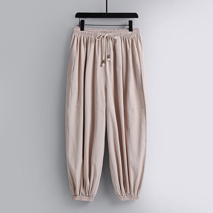Women's wide cotton-linen casual pants with drawstring and elastic ankle cuffs Mune Fashion