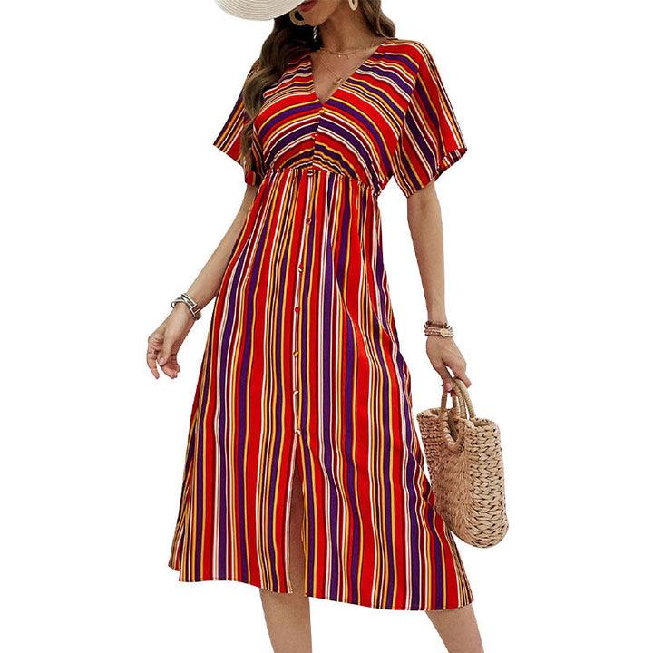 Women's Striped Midi Dress with V-Neck, Button Placket and Waist Gathered Mune Fashion