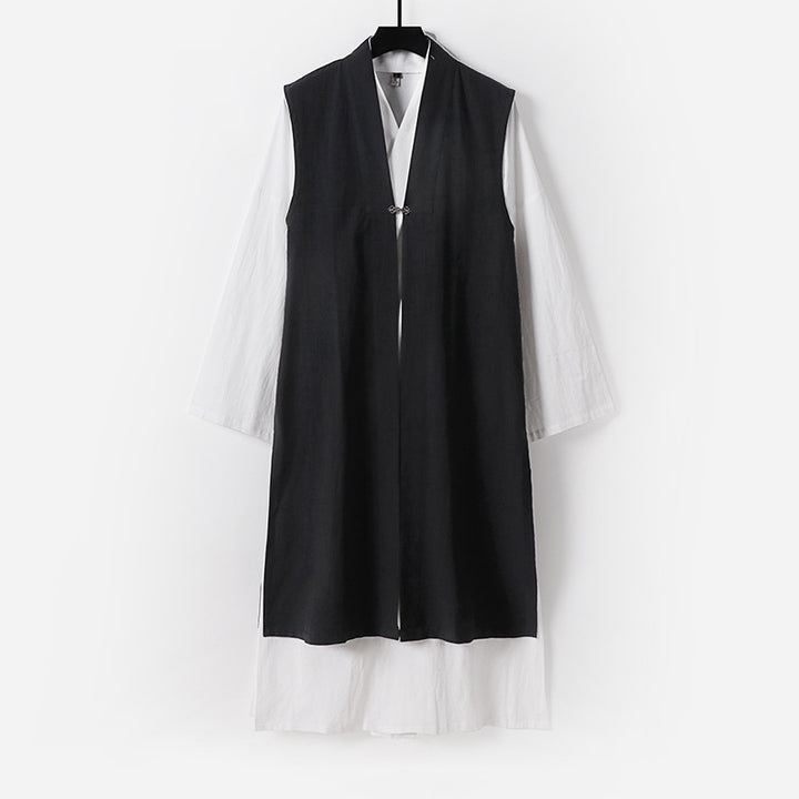 Ladies Long Sleeveless Kimono Vest with Minimalist Lines and Decorative Toggle Closure Mune Fashion