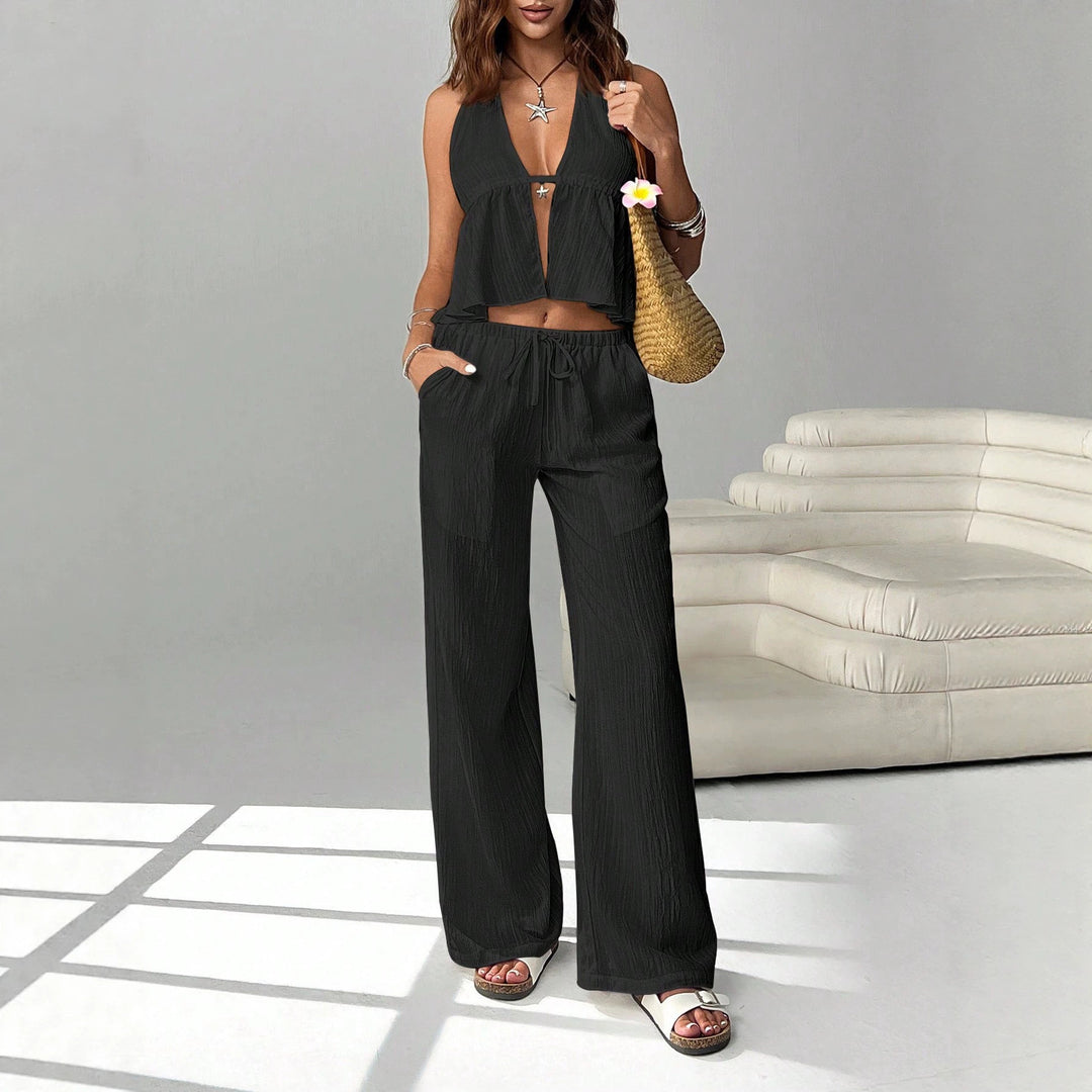 Women's Two-Piece Linen Look Set with Deep V-Neck, Gathered Empire Waist and Wide Palazzo Pants Mune Fashion