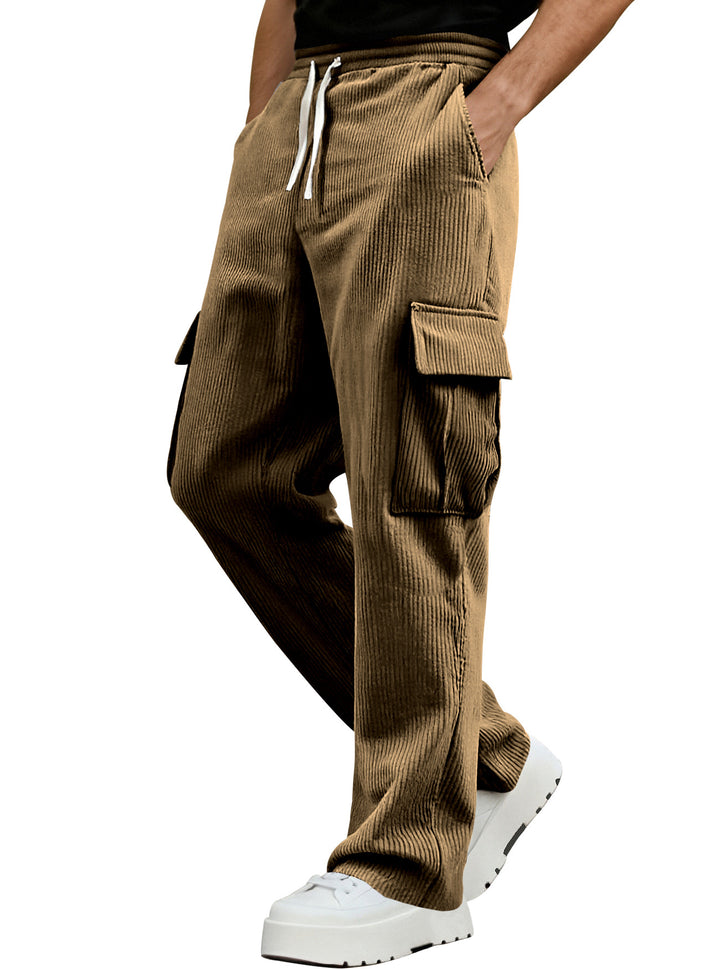 Men's casual corduroy cargo pants with elastic drawstring waist, straight leg, and flap pockets Mune Fashion