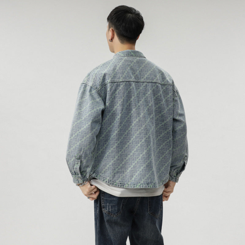Men's Oversized Denim Jacket with Allover Monogram, Snap Button Closure and Applied Chest Pockets Mune Fashion