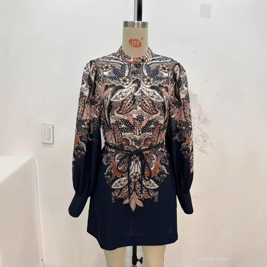 Women's Patterned Tunic Dress with Ties, Stand Collar and Balloon Sleeves Mune Fashion