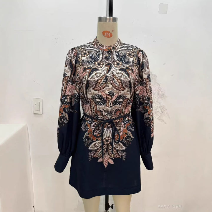 Women's Patterned Tunic Dress with Ties, Stand Collar and Balloon Sleeves Mune Fashion