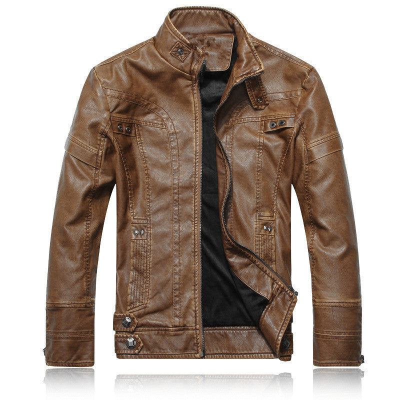 Men's leather jacket in pilot bomber style with stand-up collar, decorative seams, and multiple pockets Mune Fashion