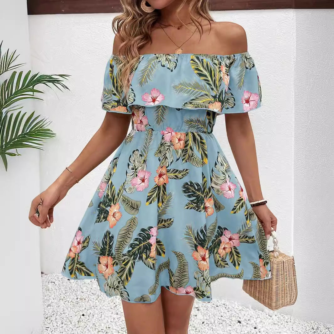 Women's off-shoulder midi dress with ruffle top, elastic waistline, and flared A-line skirt Mune Fashion