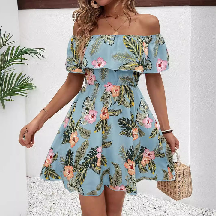 Women's off-shoulder midi dress with ruffle top, elastic waistline, and flared A-line skirt Mune Fashion